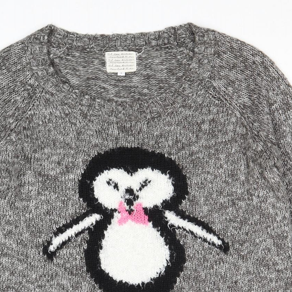New Look Womens Grey Scoop Neck Acrylic Pullover Jumper Size 8 - Penguin