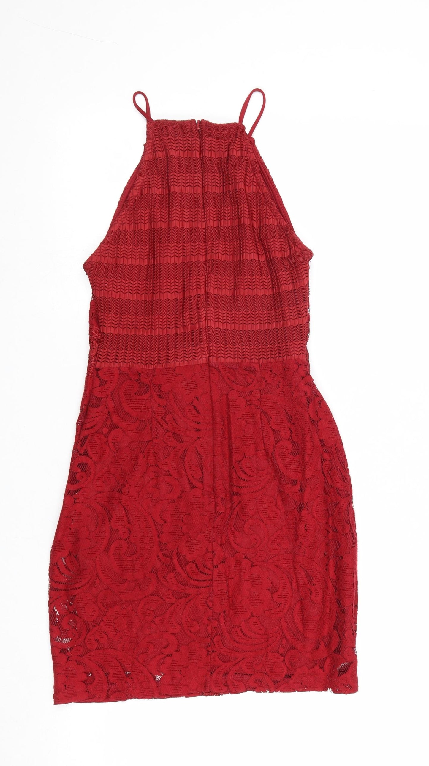 Topshop Womens Red Geometric Cotton Bodycon Size 4 Square Neck Zip