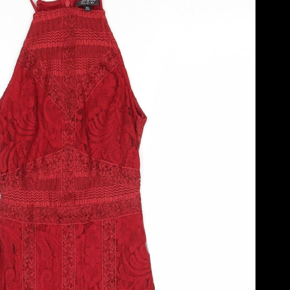Topshop Womens Red Geometric Cotton Bodycon Size 4 Square Neck Zip
