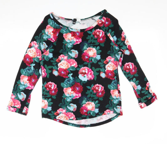 Divided by H&M Womens Black Boat Neck Floral Cotton Pullover Jumper Size XS