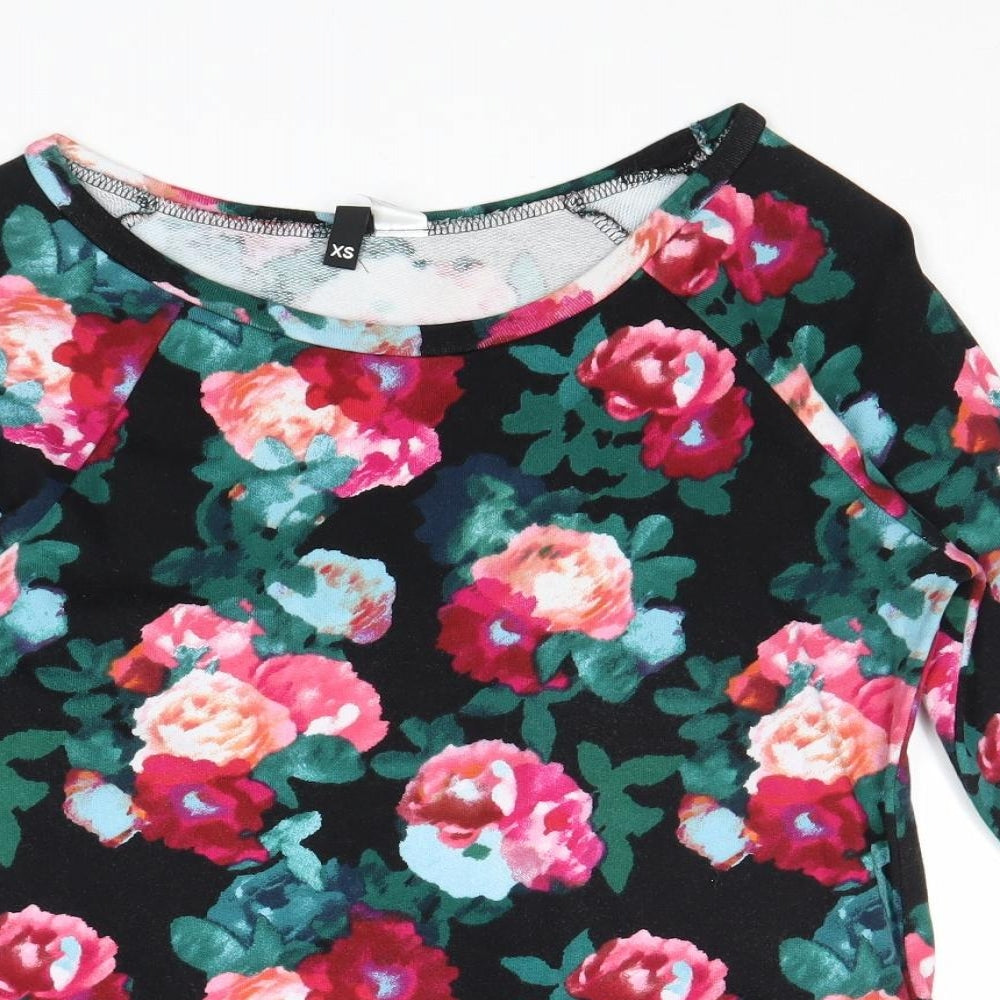 Divided by H&M Womens Black Boat Neck Floral Cotton Pullover Jumper Size XS
