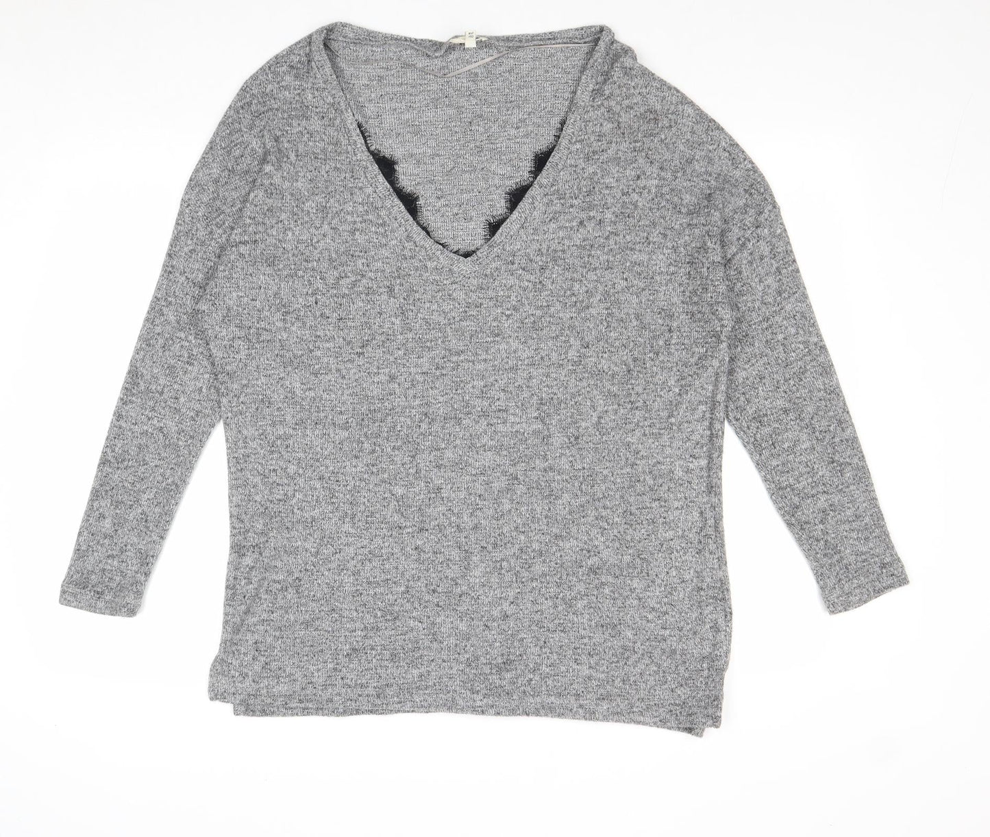 River Island Womens Grey V-Neck Polyester Pullover Jumper Size 14 - Lace Detail