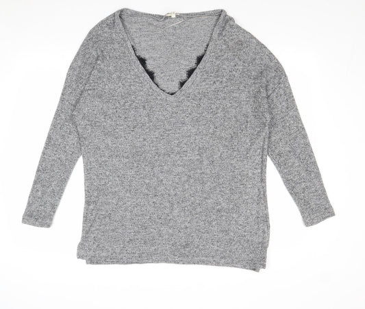River Island Womens Grey V-Neck Polyester Pullover Jumper Size 14 - Lace Detail