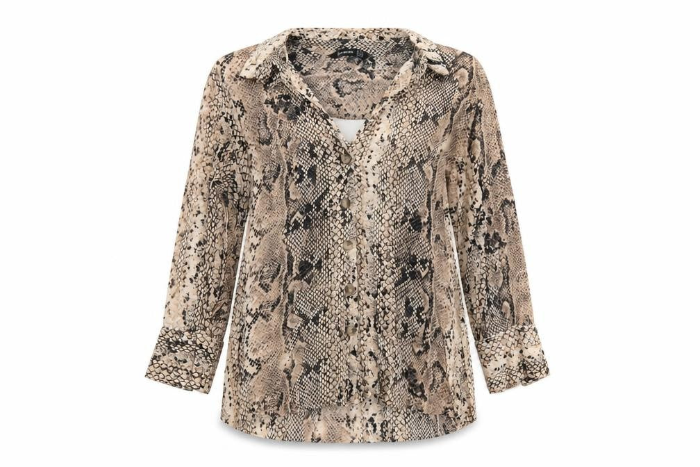 Stradivarius Womens Beige Animal Print Viscose Basic Button-Up Size M Collared - Snake Skin Print
