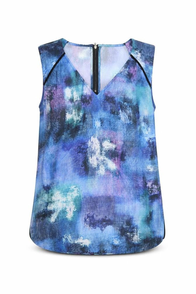 Warehouse Womens Blue Geometric Polyester Basic Tank Size M V-Neck