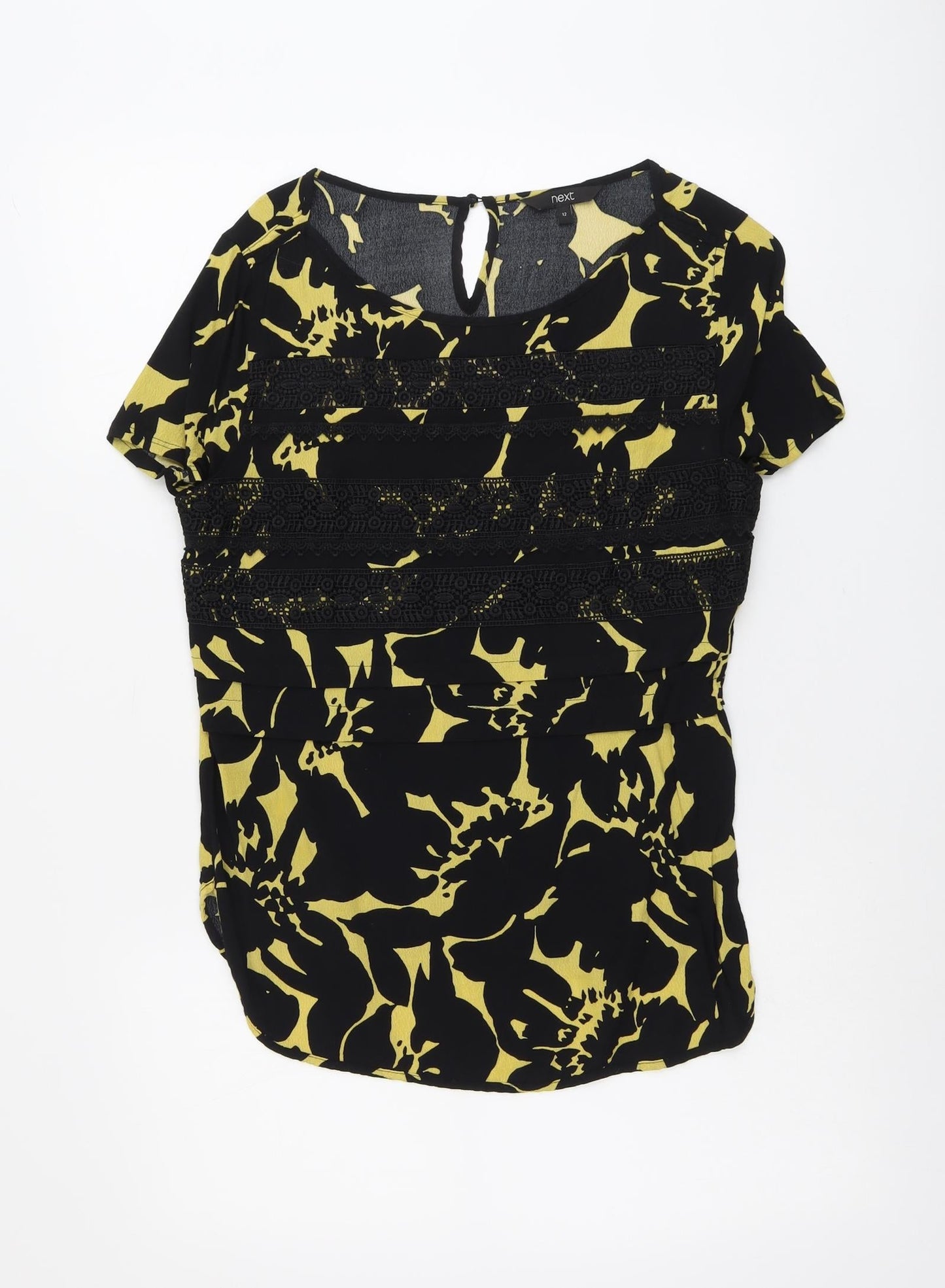 NEXT Womens Black Geometric Viscose Basic Blouse Size 12 Round Neck - Lace Details