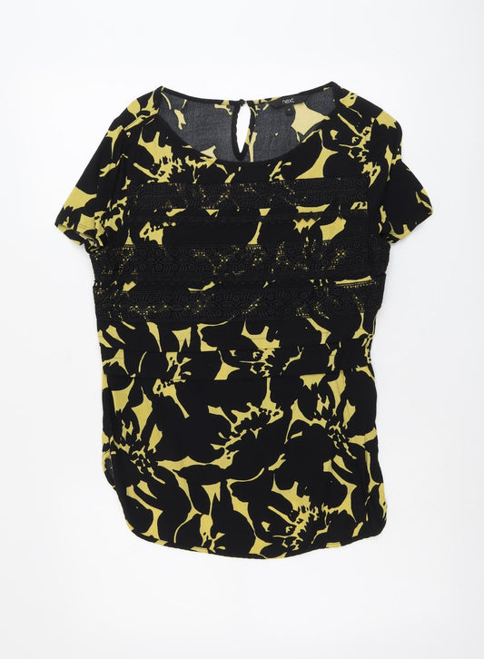 NEXT Womens Black Geometric Viscose Basic Blouse Size 12 Round Neck - Lace Details
