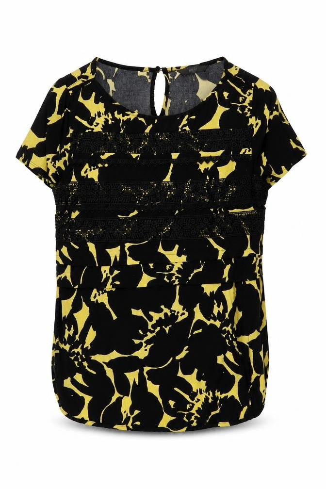 NEXT Womens Black Geometric Viscose Basic Blouse Size 12 Round Neck - Lace Details