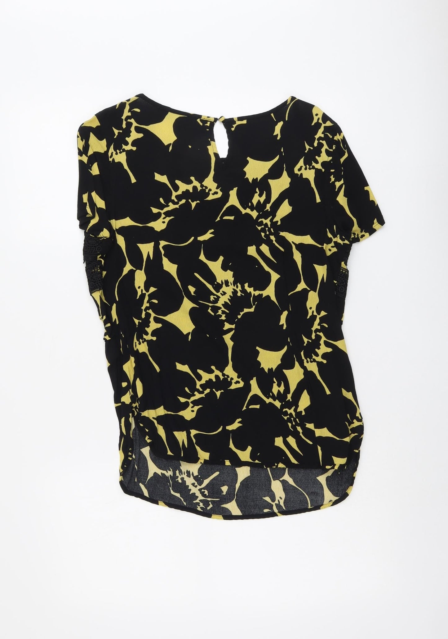 NEXT Womens Black Geometric Viscose Basic Blouse Size 12 Round Neck - Lace Details