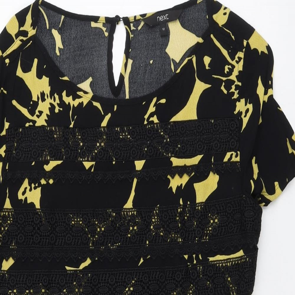 NEXT Womens Black Geometric Viscose Basic Blouse Size 12 Round Neck - Lace Details