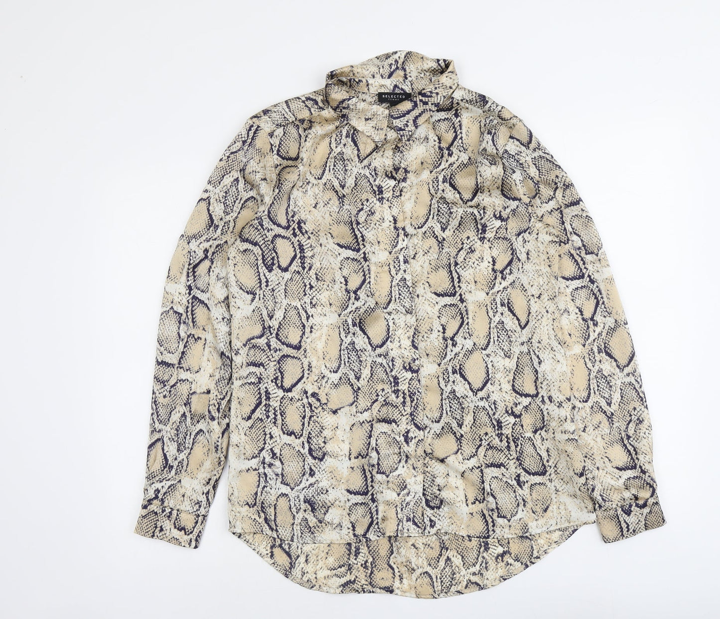 Selected Womens Beige Animal Print Polyester Basic Button-Up Size 10 Collared - Snake Skin Print