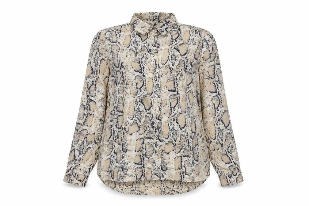 Selected Womens Beige Animal Print Polyester Basic Button-Up Size 10 Collared - Snake Skin Print