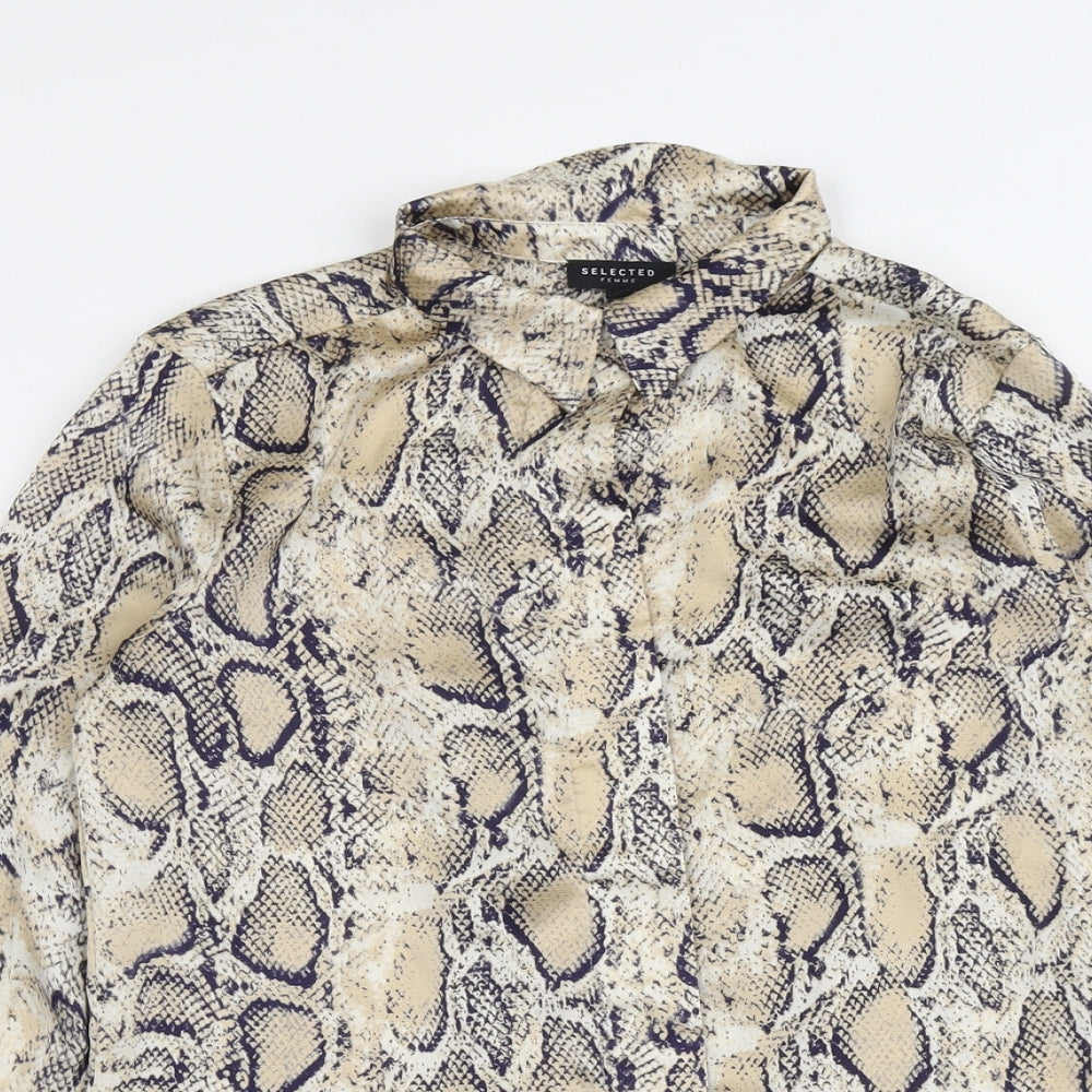 Selected Womens Beige Animal Print Polyester Basic Button-Up Size 10 Collared - Snake Skin Print