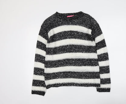 Ribbon Womens Black Boat Neck Striped Acrylic Pullover Jumper Size 12