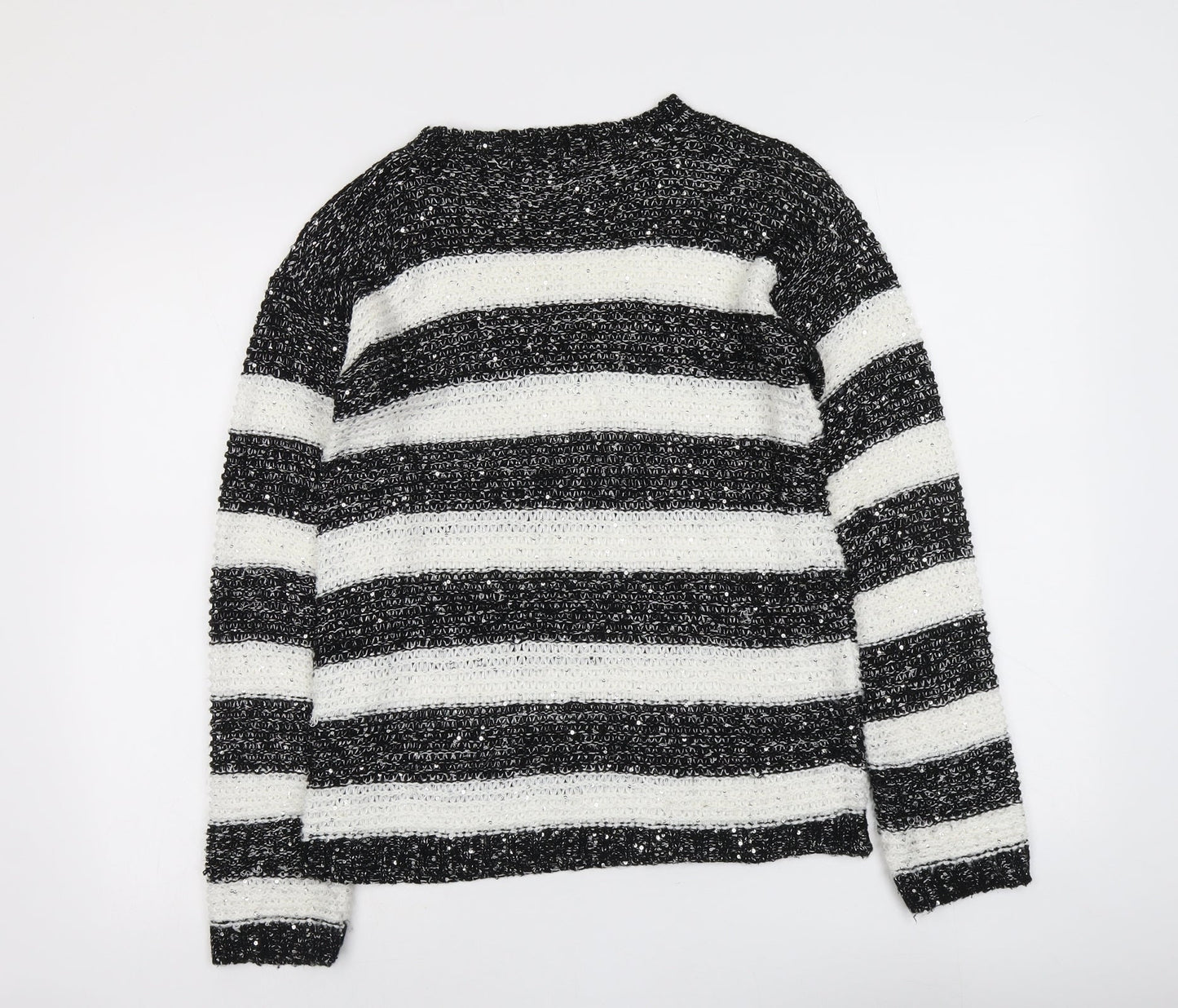 Ribbon Womens Black Boat Neck Striped Acrylic Pullover Jumper Size 12