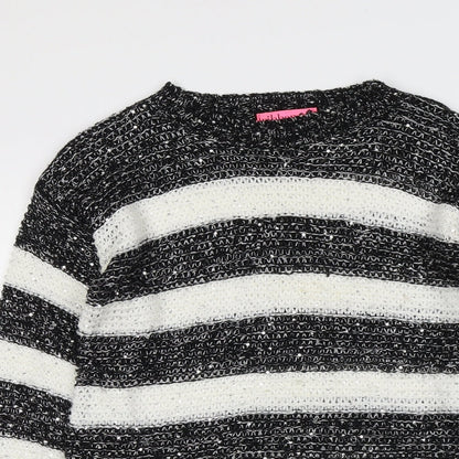 Ribbon Womens Black Boat Neck Striped Acrylic Pullover Jumper Size 12