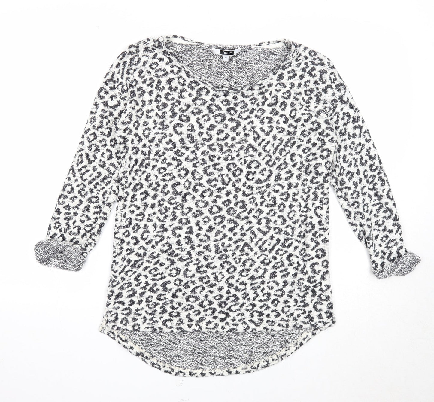 NEXT Womens White V-Neck Animal Print Cotton Pullover Jumper Size 10 - Leopard Pattern