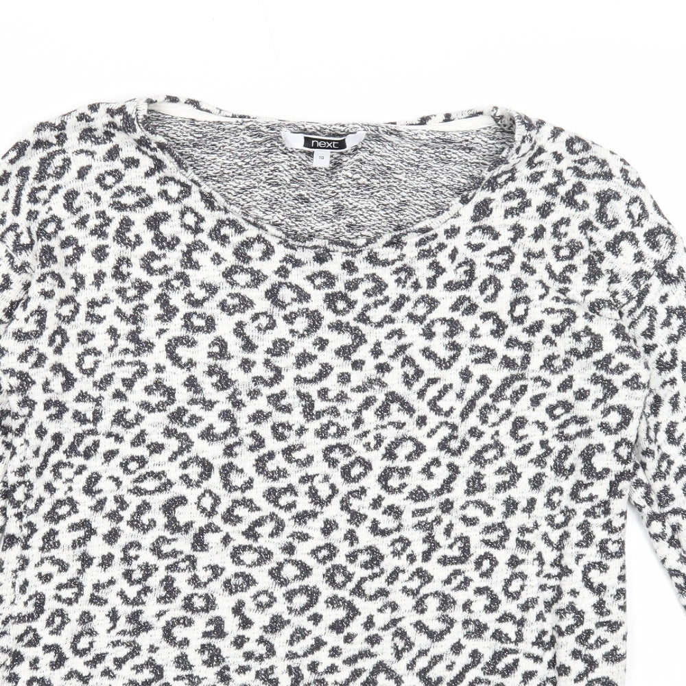 NEXT Womens White V-Neck Animal Print Cotton Pullover Jumper Size 10 - Leopard Pattern