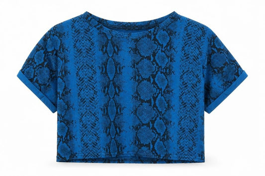 PRETTYLITTLETHING Womens Blue Geometric Viscose Cropped T-Shirt Size 14 Round Neck