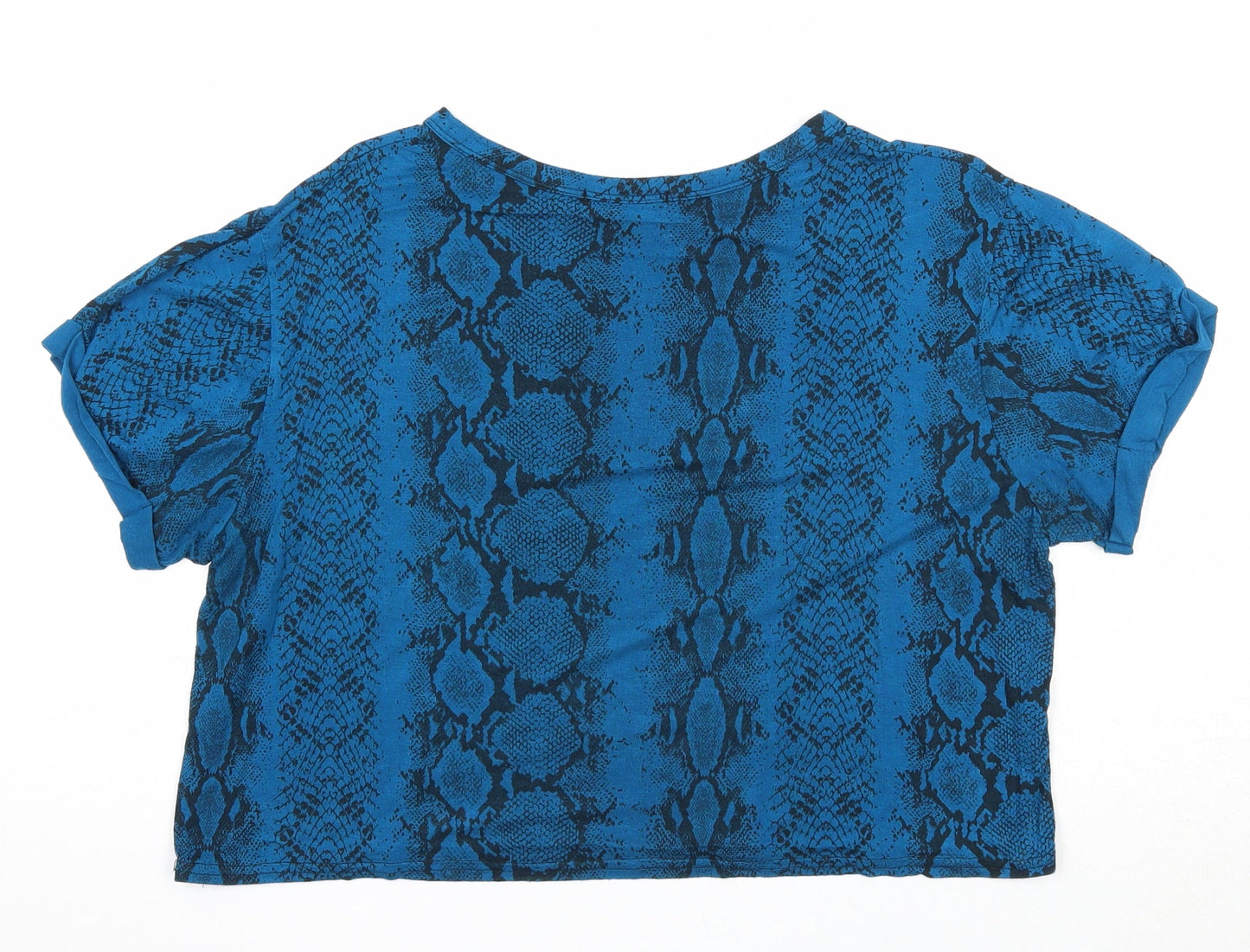 PRETTYLITTLETHING Womens Blue Geometric Viscose Cropped T-Shirt Size 14 Round Neck