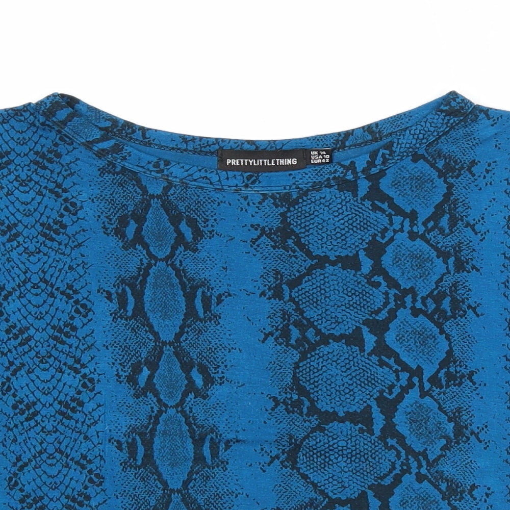 PRETTYLITTLETHING Womens Blue Geometric Viscose Cropped T-Shirt Size 14 Round Neck