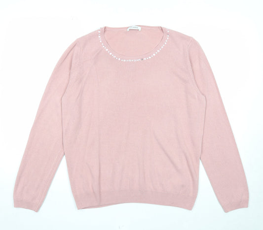 Marks and Spencer Womens Pink Boat Neck Acrylic Pullover Jumper Size 16 - Embellished Neckline