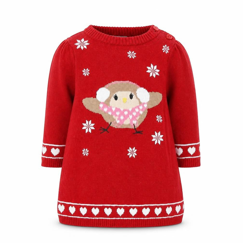 Baby Girls Red Cotton Jumper Dress Size 0-3 Months Round Neck Button - Christmas