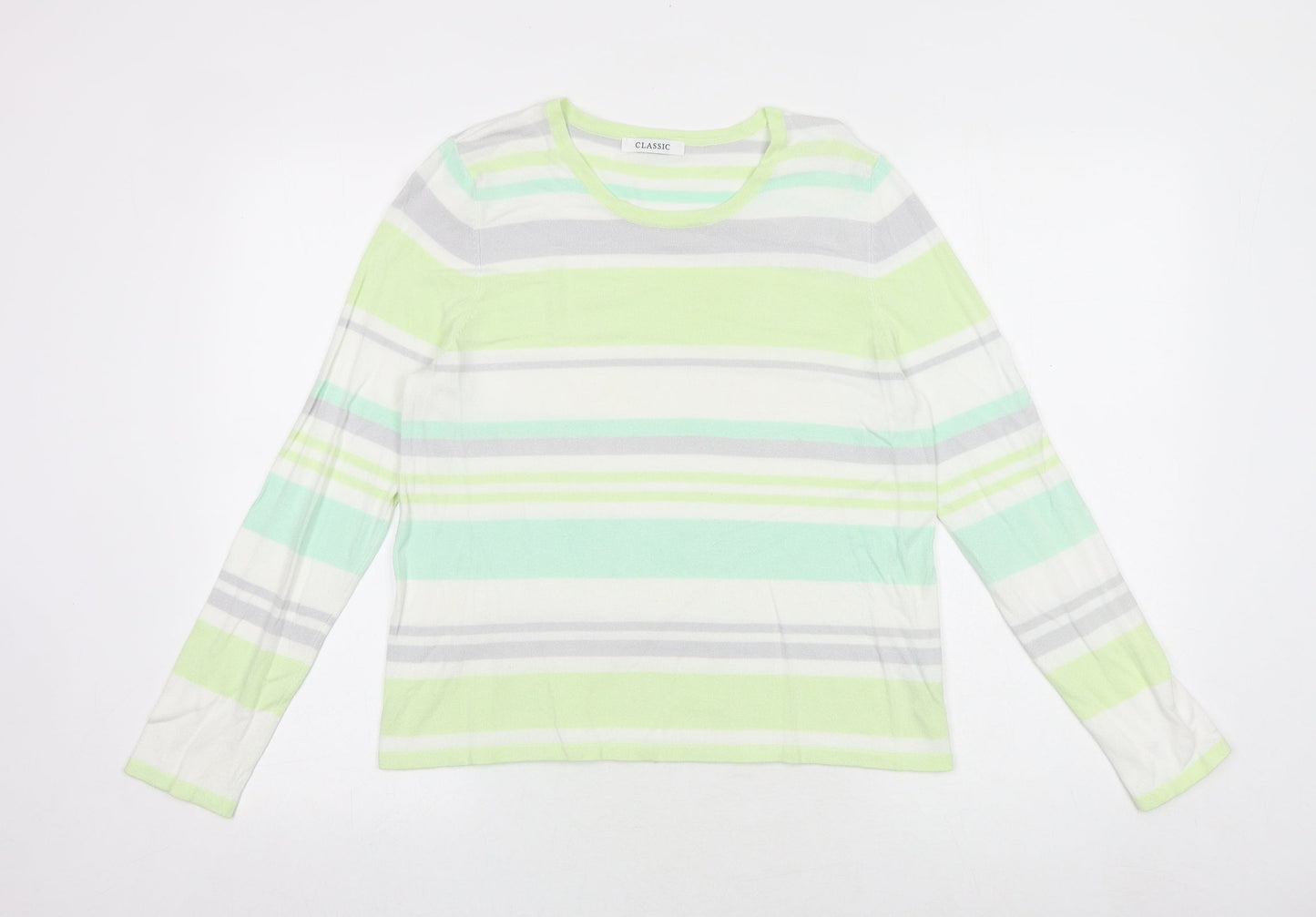 Marks and Spencer Womens Green Round Neck Striped Viscose Pullover Jumper Size 14