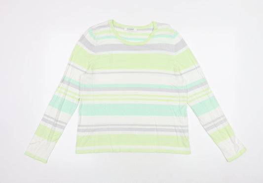 Marks and Spencer Womens Green Round Neck Striped Viscose Pullover Jumper Size 14