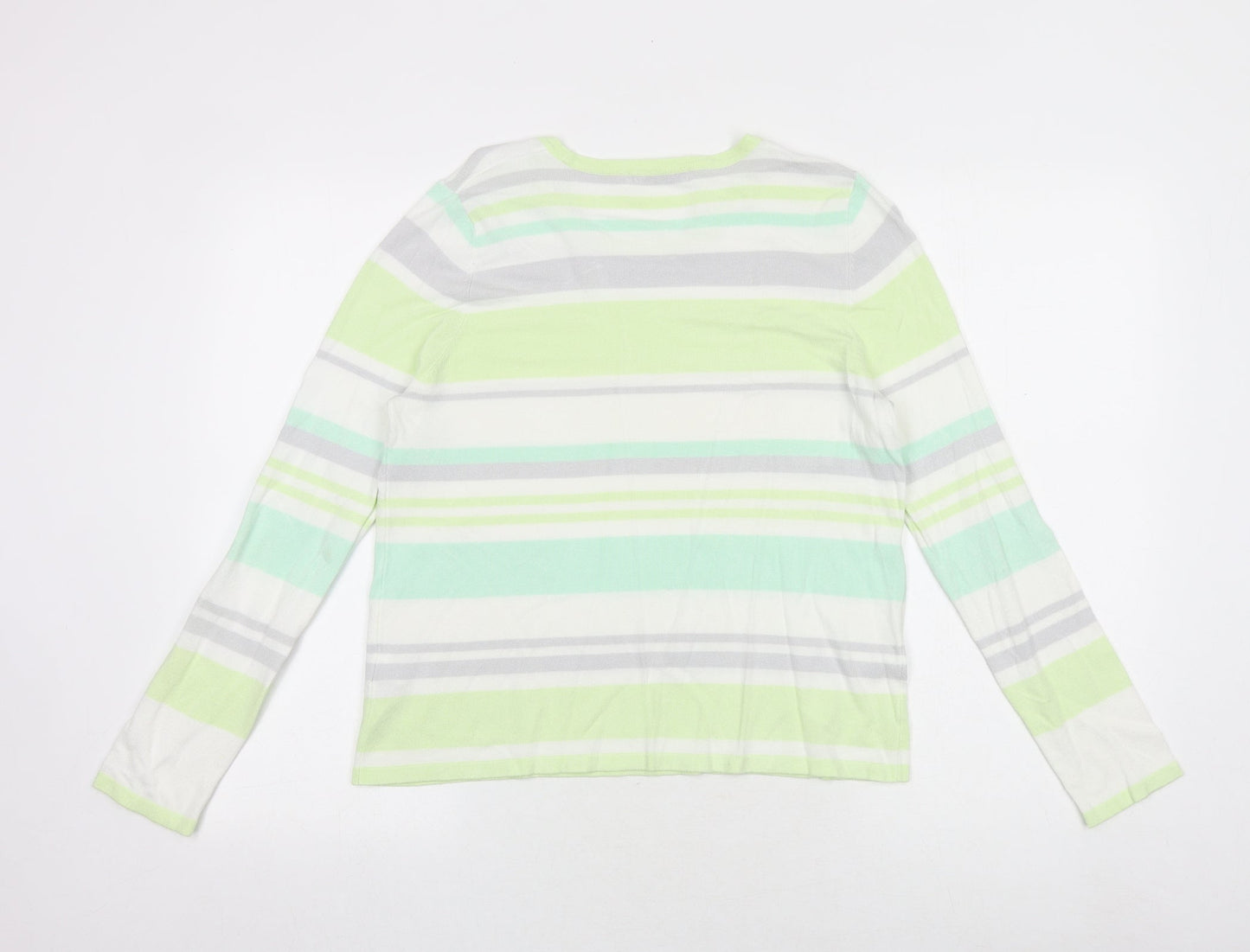 Marks and Spencer Womens Green Round Neck Striped Viscose Pullover Jumper Size 14
