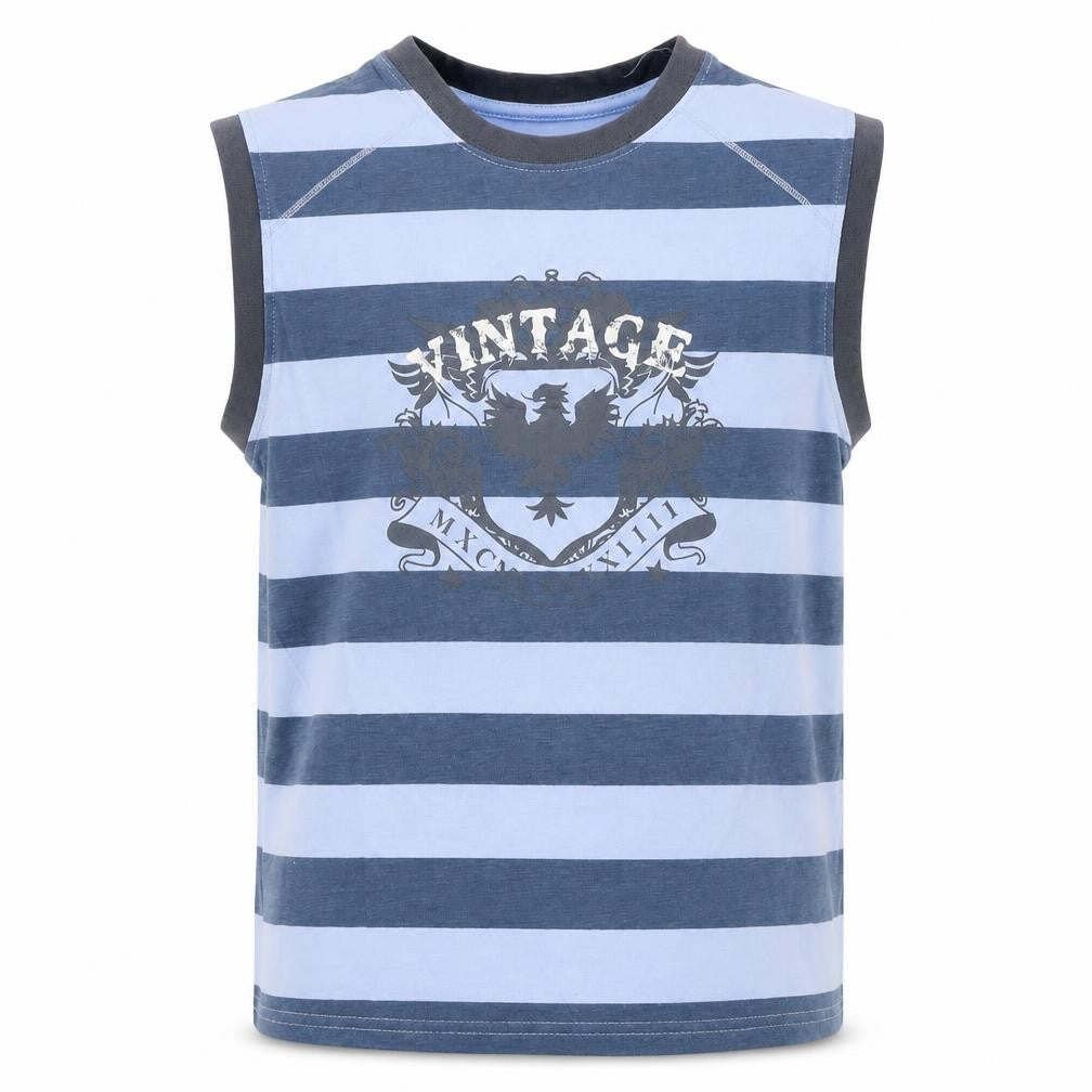Matalan Boys Blue Striped 100% Cotton Basic Tank Size 8-9 Years Round Neck Pullover - Vintage