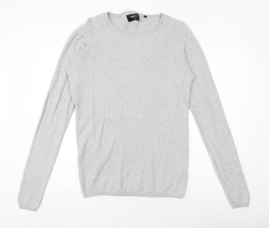 TRMY Mens Grey Round Neck Cotton Pullover Jumper Size M Long Sleeve