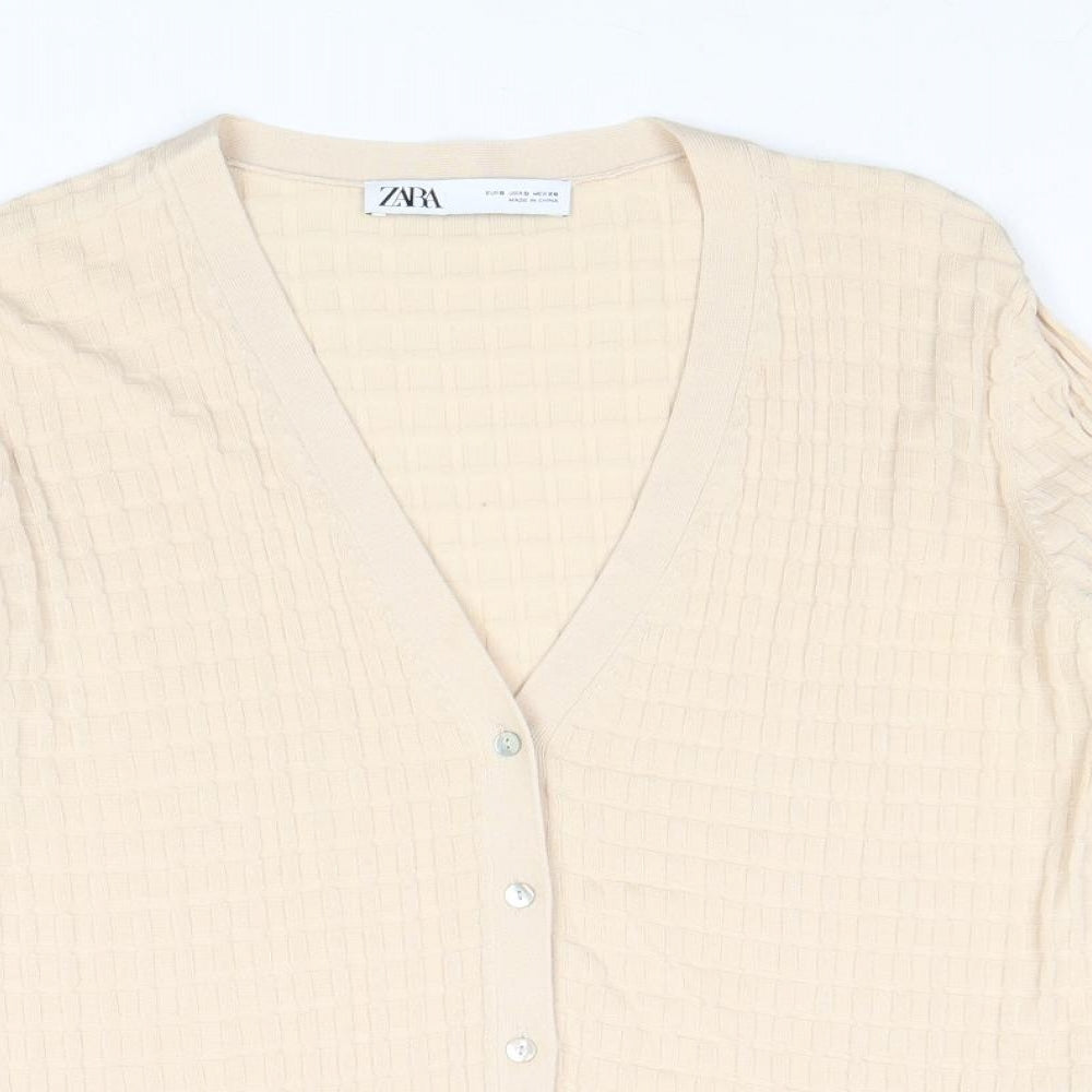 Zara Womens Beige V-Neck 100% Cotton Cardigan Jumper Size S