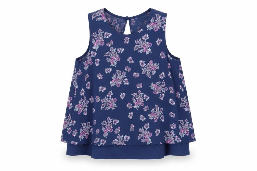 Young Dimension Girls Blue Floral Polyester Basic Tank Size 9-10 Years Round Neck Button