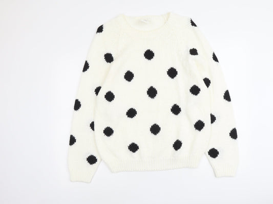 Amari Womens Ivory Round Neck Polka Dot Acrylic Pullover Jumper Size 14