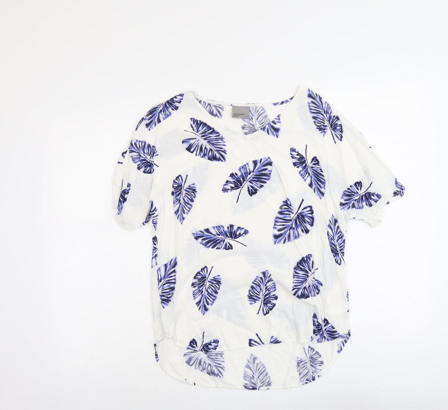 VERO MODA Womens White Geometric Viscose Basic Blouse Size M Round Neck - Leaf Print