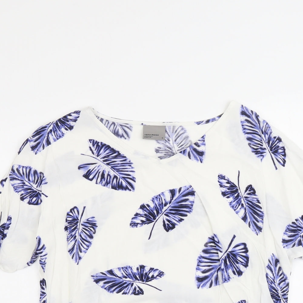 VERO MODA Womens White Geometric Viscose Basic Blouse Size M Round Neck - Leaf Print