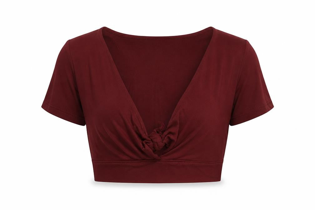 Pull&Bear Womens Red Viscose Cropped T-Shirt Size XL V-Neck