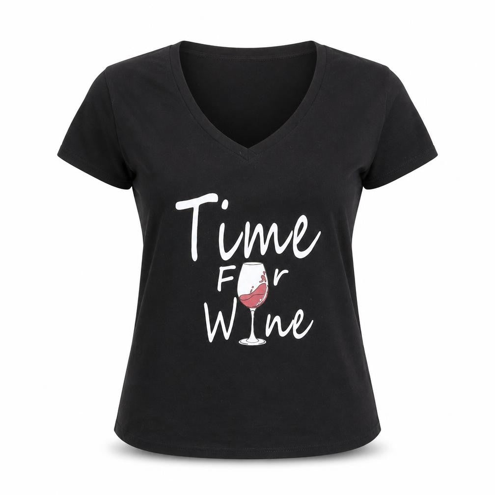 Preworn Womens Black Polyester Basic T-Shirt Size S V-Neck - Time For Wine