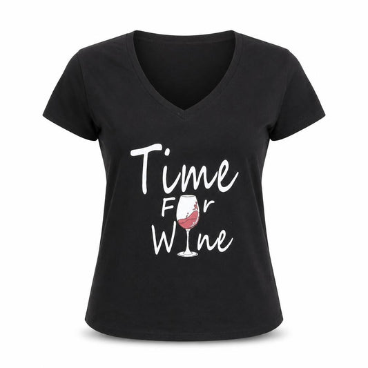 Preworn Womens Black Polyester Basic T-Shirt Size S V-Neck - Time For Wine
