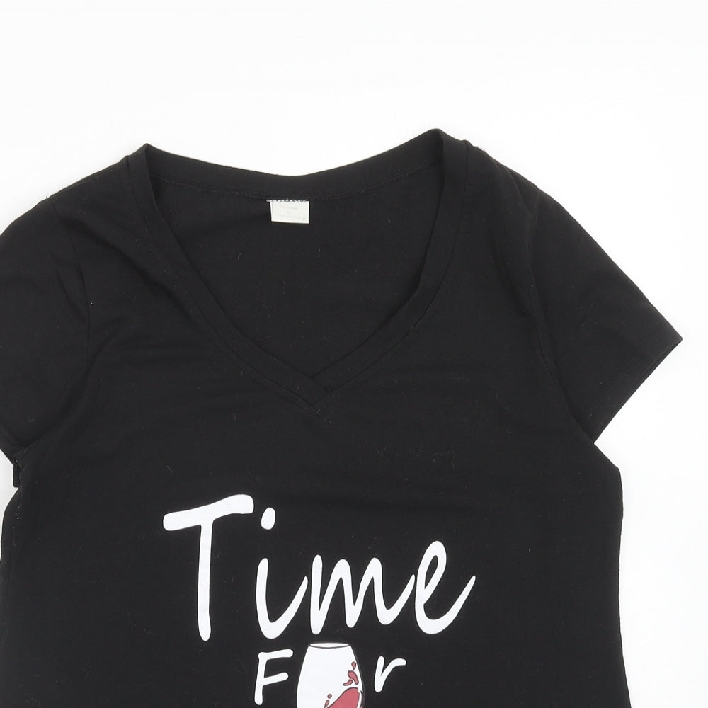 Preworn Womens Black Polyester Basic T-Shirt Size S V-Neck - Time For Wine