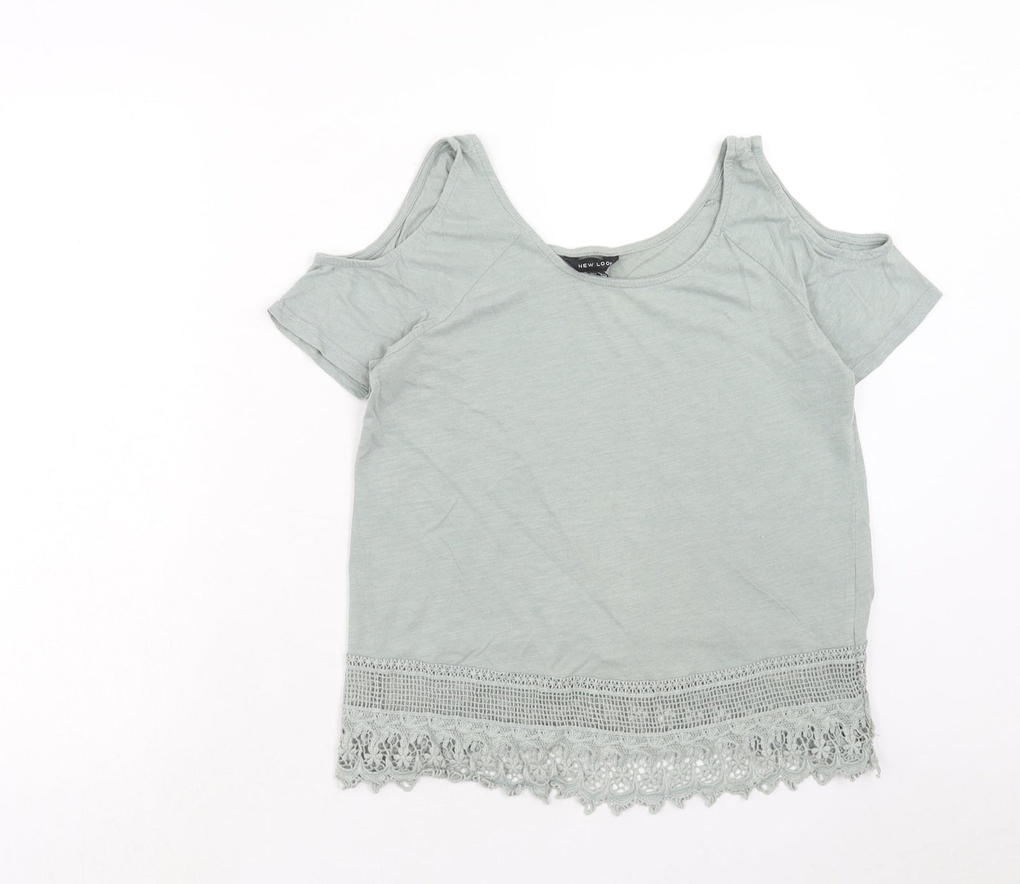 New Look Womens Green Cotton Basic T-Shirt Size 8 Round Neck - Cold Shoulder, Lace Detail