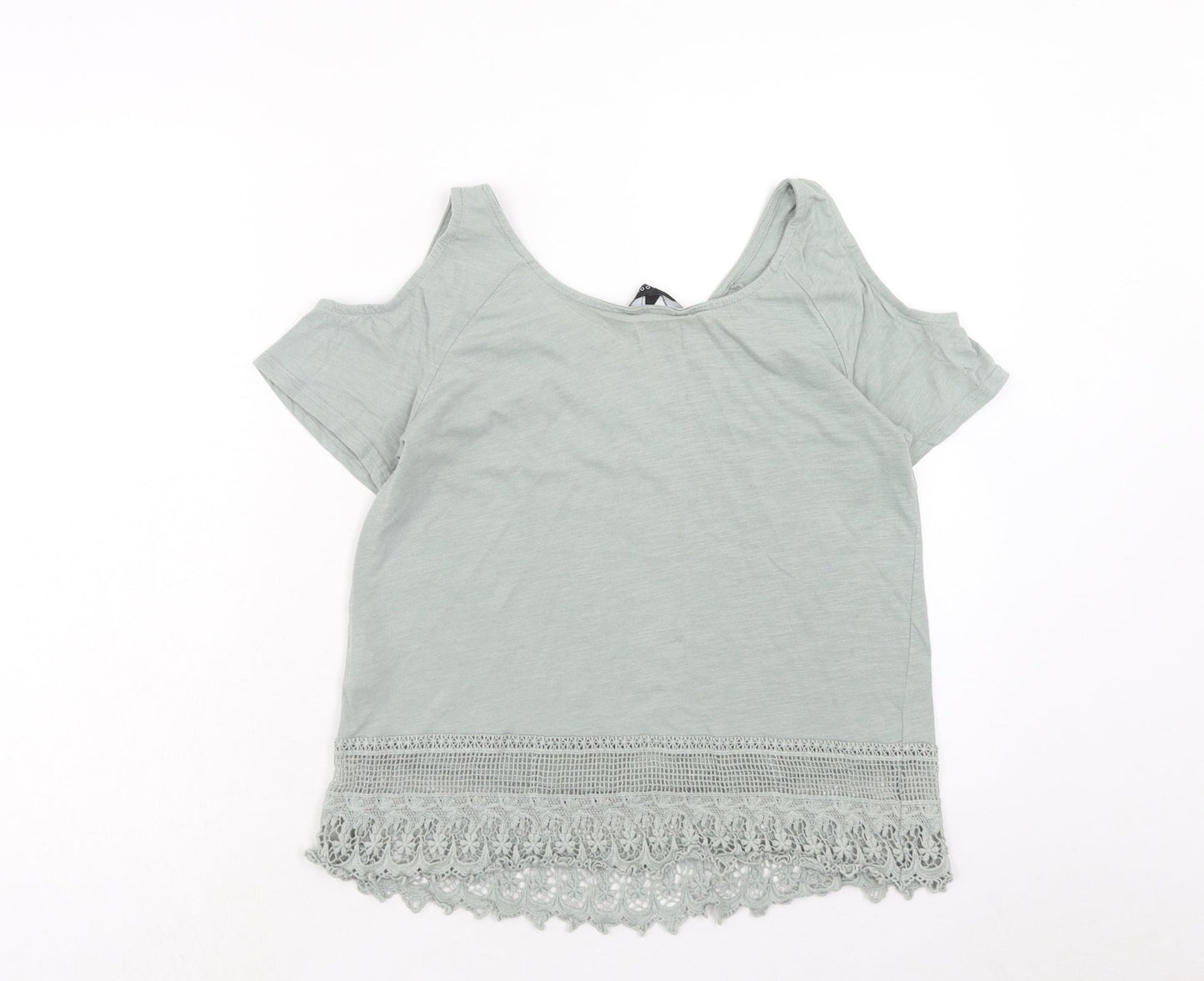 New Look Womens Green Cotton Basic T-Shirt Size 8 Round Neck - Cold Shoulder, Lace Detail