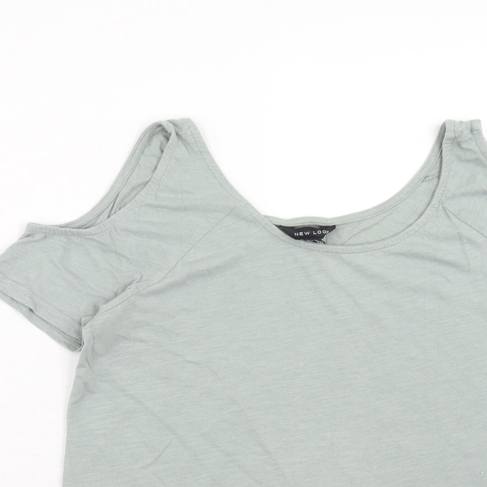 New Look Womens Green Cotton Basic T-Shirt Size 8 Round Neck - Cold Shoulder, Lace Detail