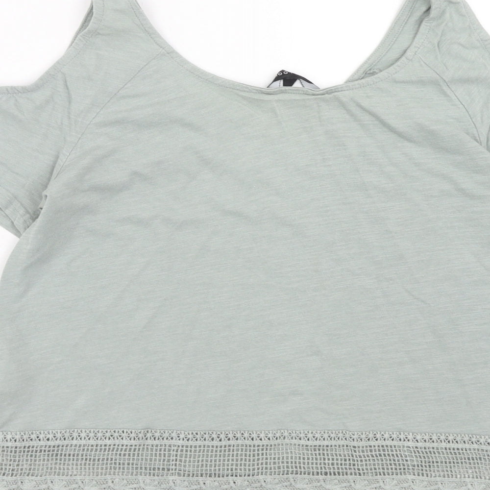 New Look Womens Green Cotton Basic T-Shirt Size 8 Round Neck - Cold Shoulder, Lace Detail