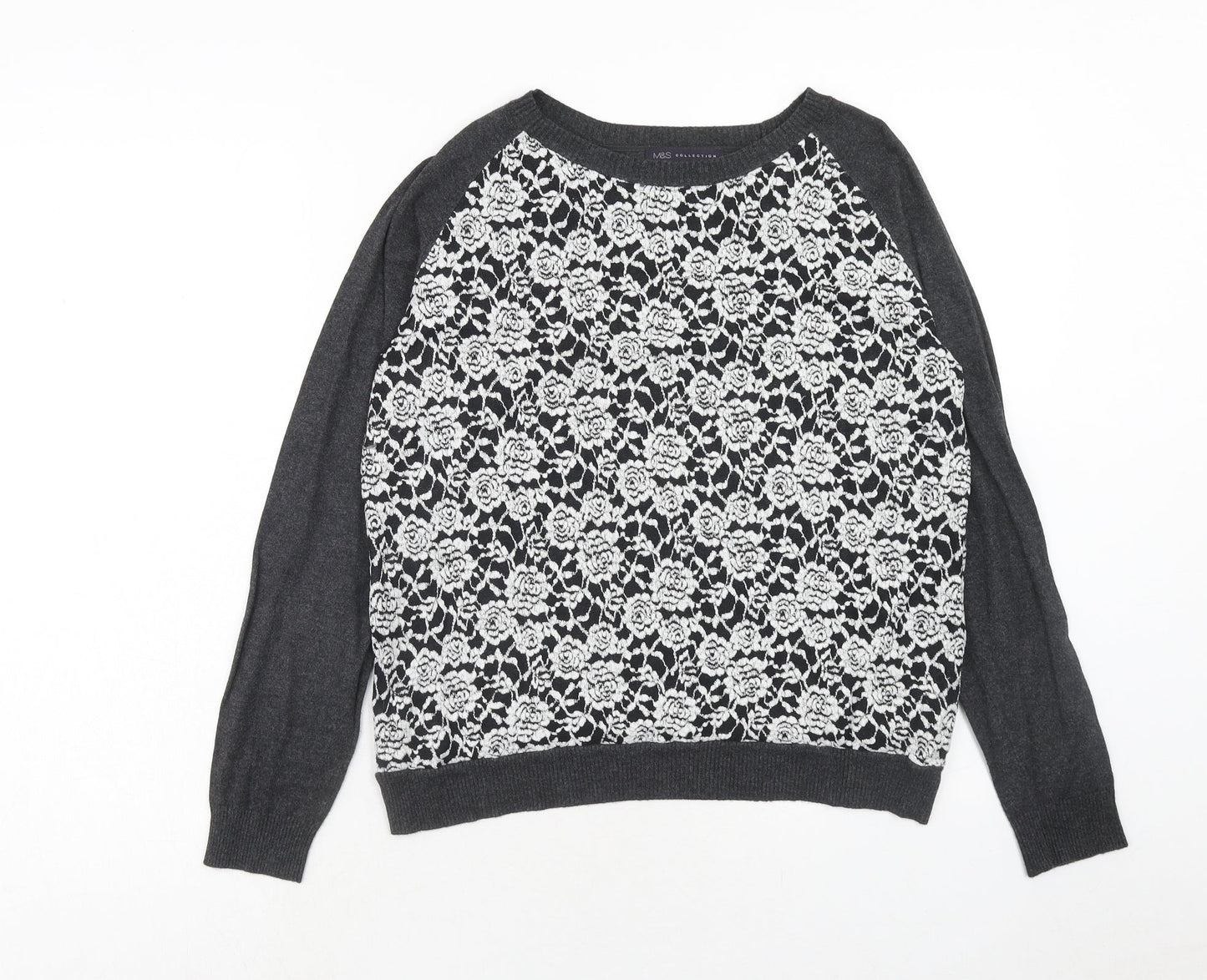 Marks and Spencer Womens Grey Round Neck Floral Viscose Pullover Jumper Size 14