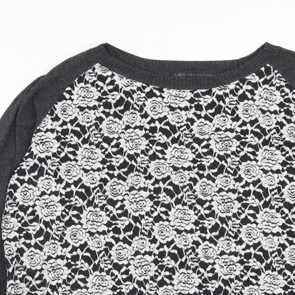 Marks and Spencer Womens Grey Round Neck Floral Viscose Pullover Jumper Size 14
