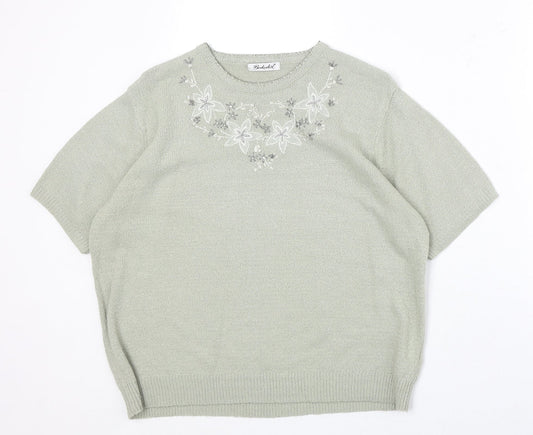 Berkertex Womens Green Round Neck Acrylic Pullover Jumper Size 14 - Floral Detail