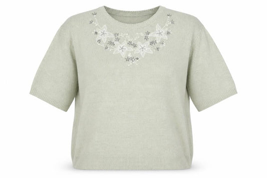 Berkertex Womens Green Round Neck Acrylic Pullover Jumper Size 14 - Floral Detail