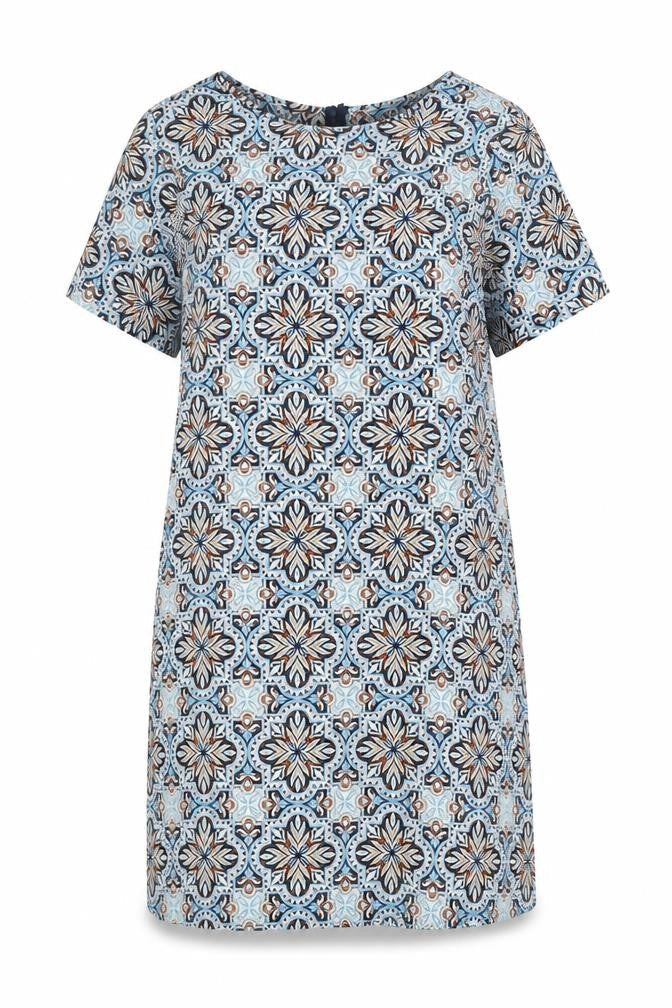 New Look Womens Blue Geometric Polyester A-Line Size 6 Round Neck Zip